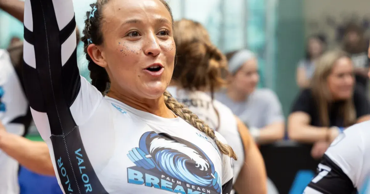 A Palm Beach Breakers athlete celebrates with an arm raised at United Grid League Week 3 at American Dream.