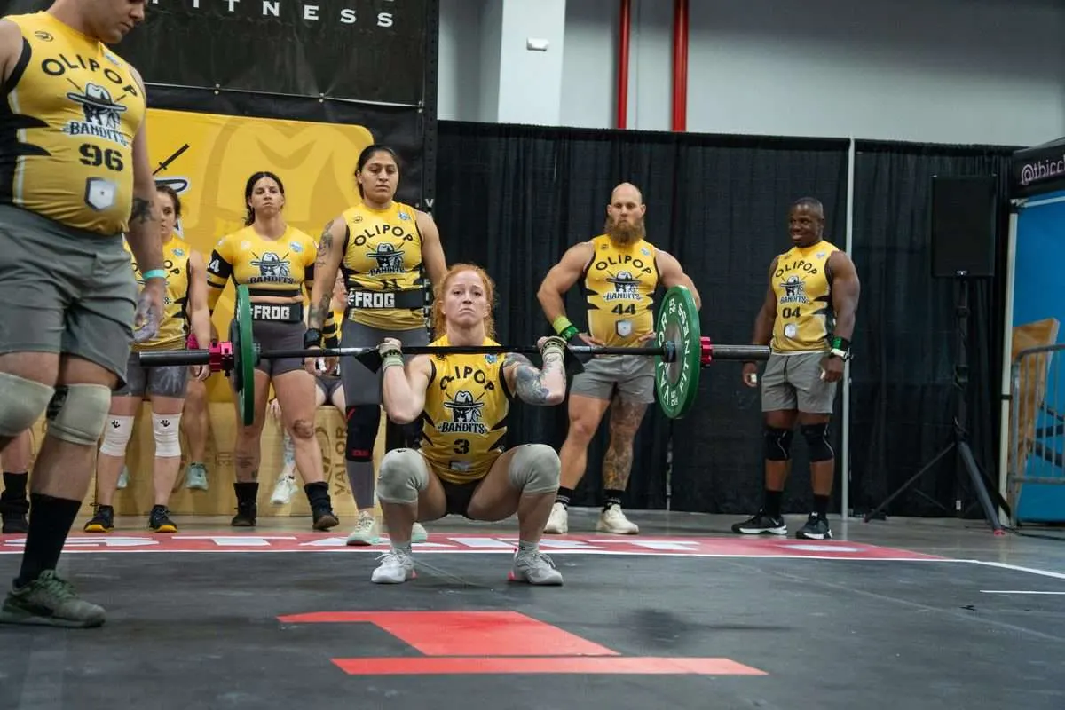 Houston Bandits utility player Colleen Carey catches a barbell with her teammates watching during the Palms vs Bandits 2026 Grid League season opener in Miami