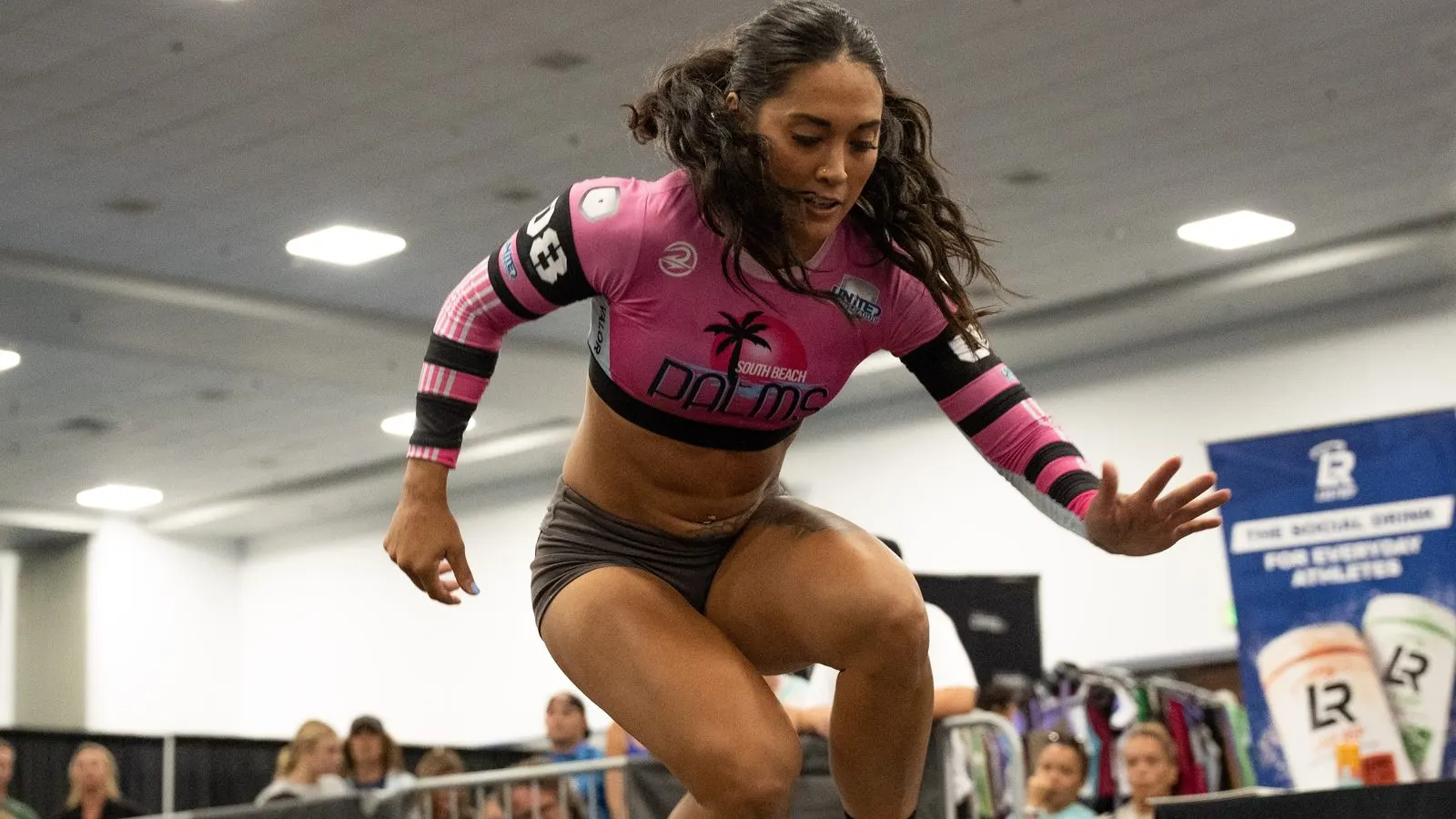 Heather Hudson of the South Beach Palms clears the bar during a race at the Grid League match day in Lakeland on June 20, 2026.
