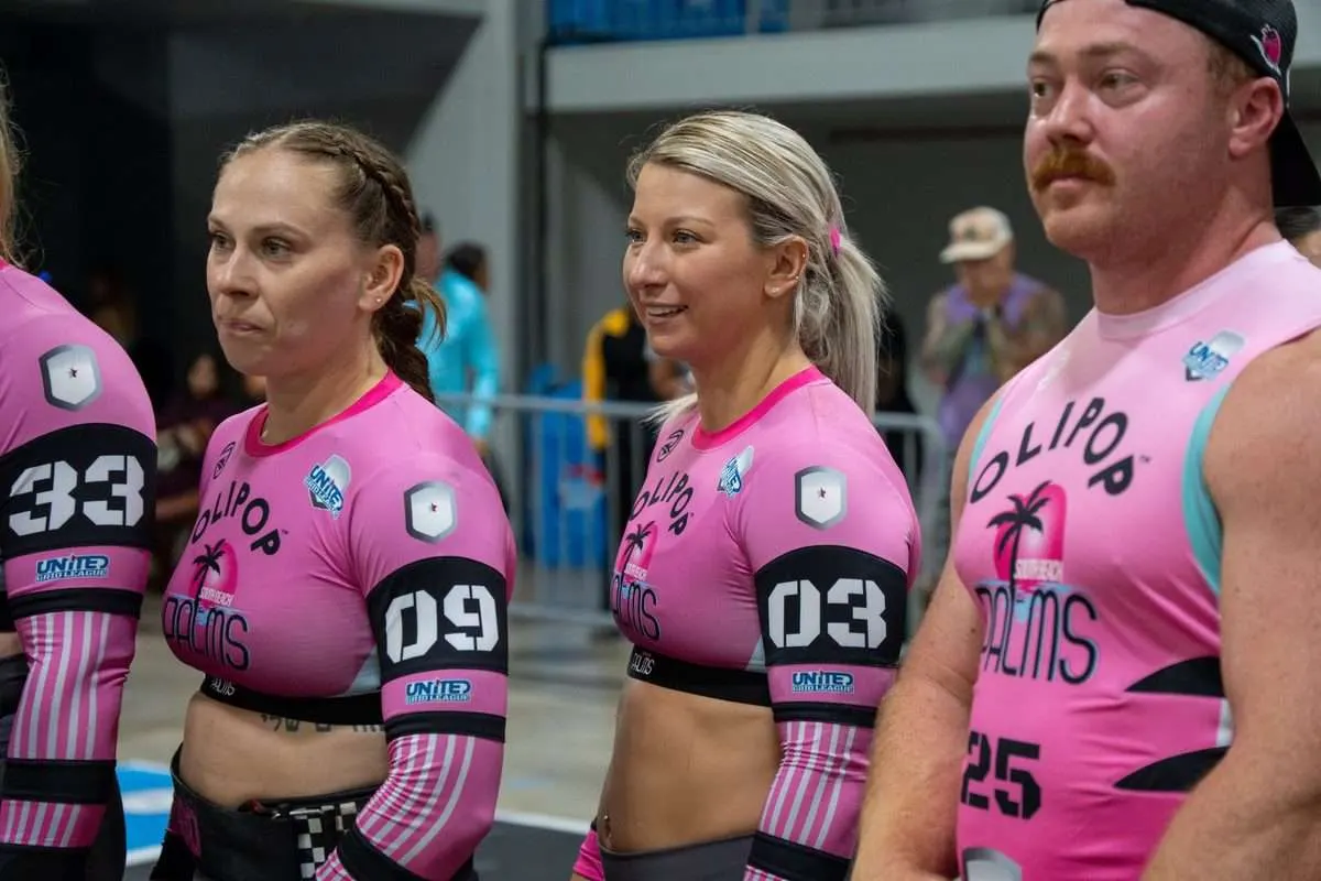 South Beach Palms players Alex Germain, Samantha Secord, Brielle Trupiano, and Tyler Davis line up on the Grid during the Palms vs Bandits 2026 Grid League season opener in Miami
