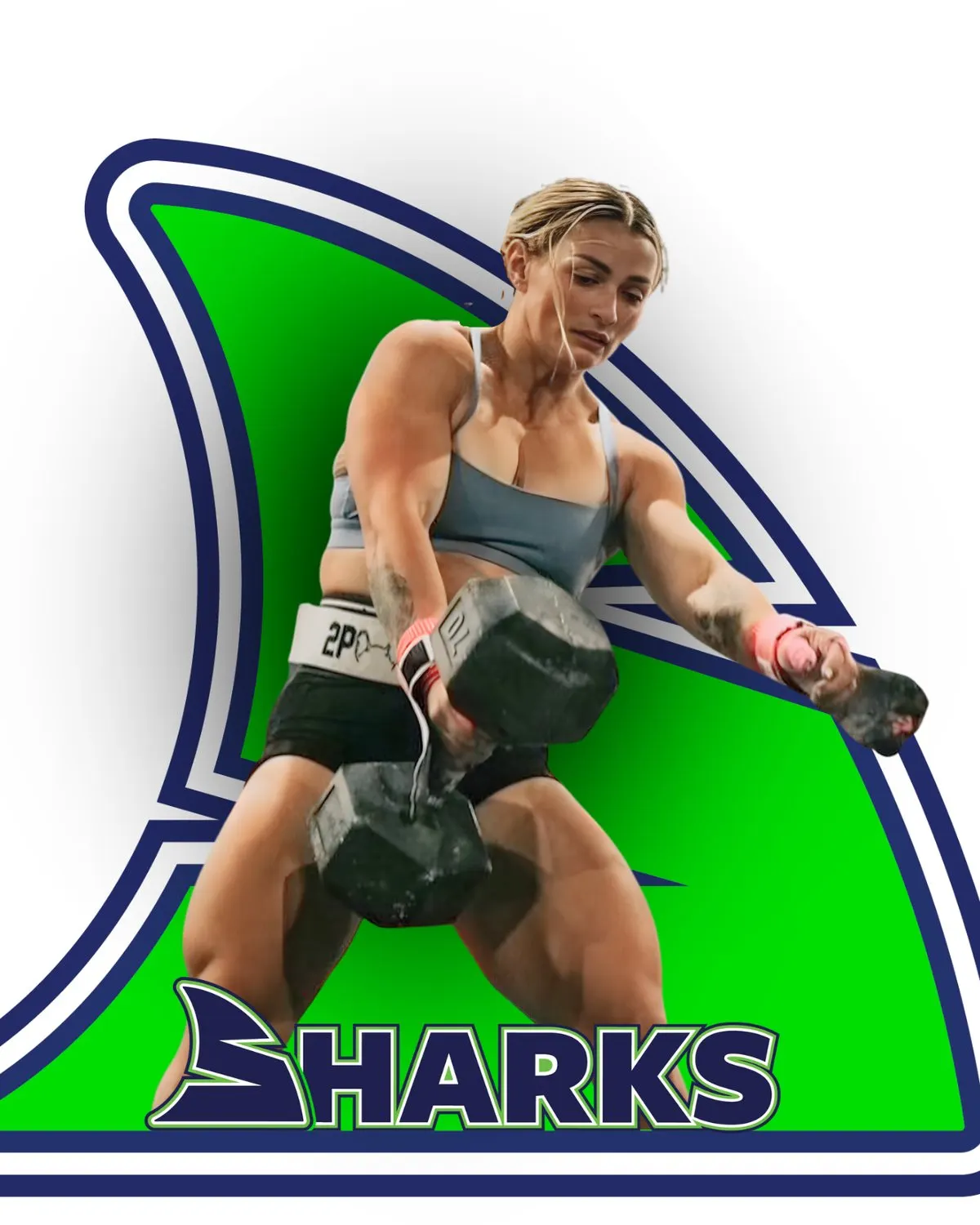 Kyra Milligan of the SWFL Sharks mid lift with a pair of heavy dumbbells.