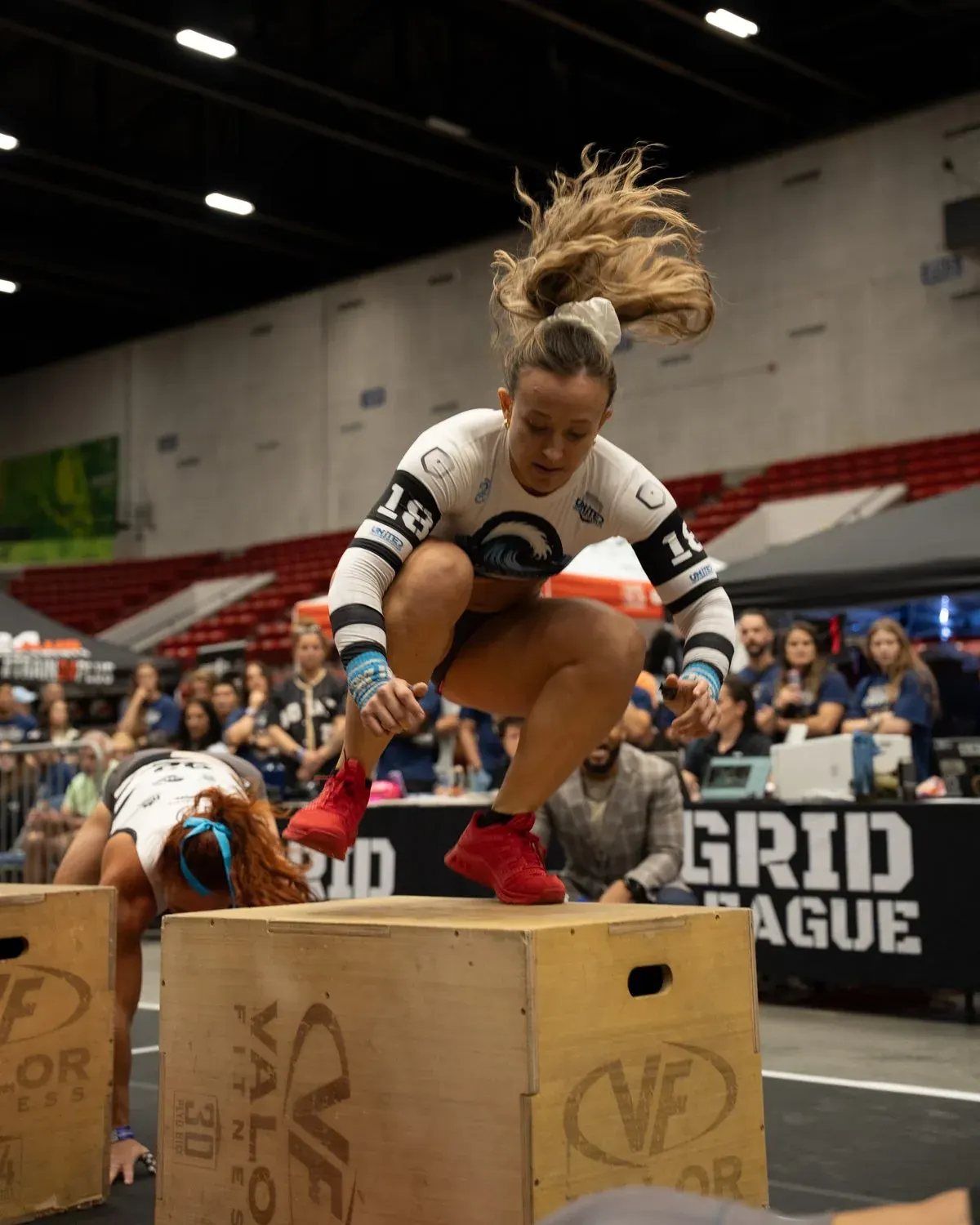 A Palm Beach Breakers player on the box jump during the 2026 Eastern Conference semifinal in Lakeland.