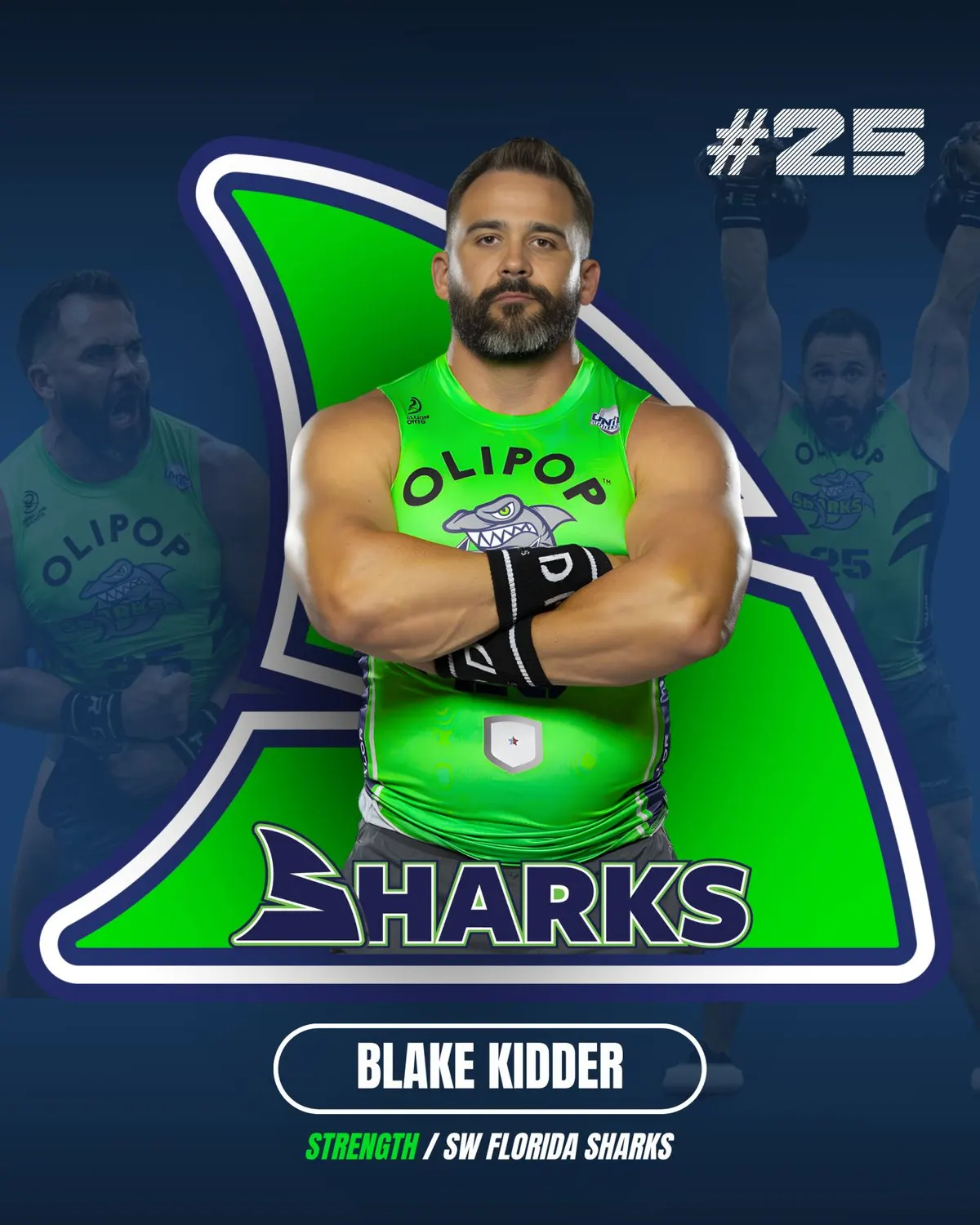 Blake Kidder, number 25 and a strength specialist for the SWFL Sharks, on his 2026 Grid League player card.