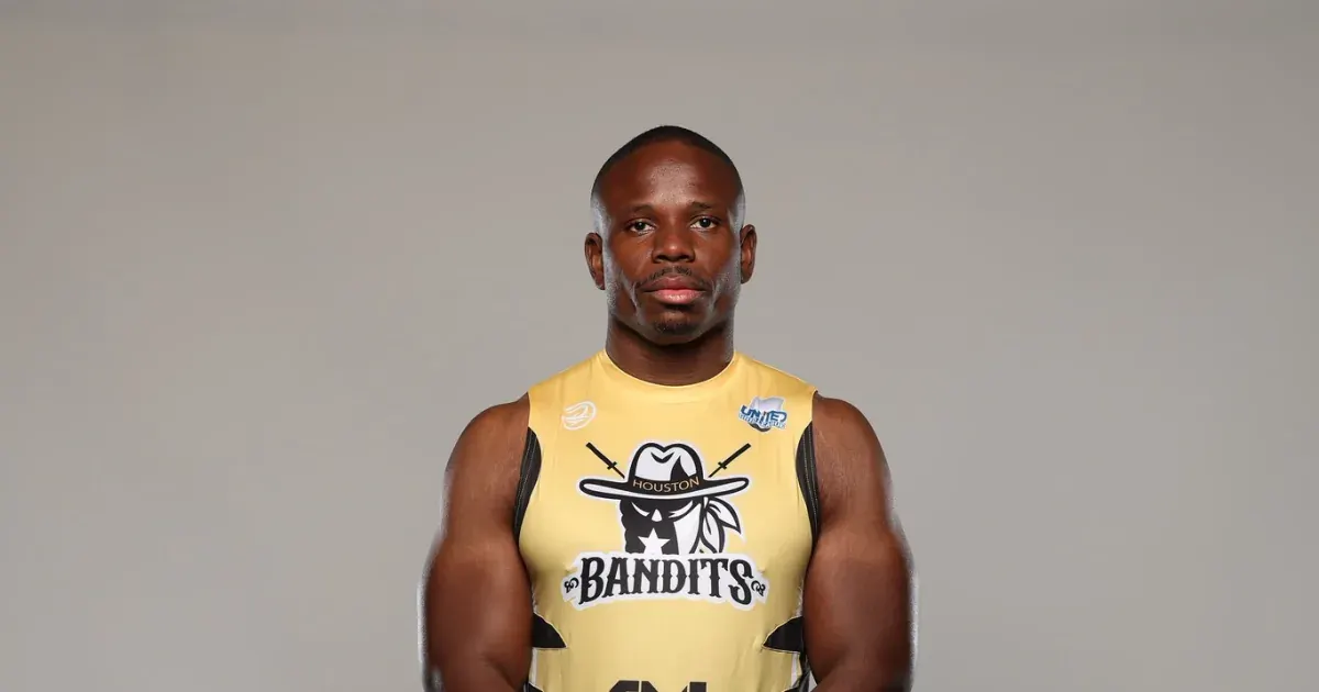 A Houston Bandits athlete in the 2026 team uniform at the 2026 United Grid League media day.