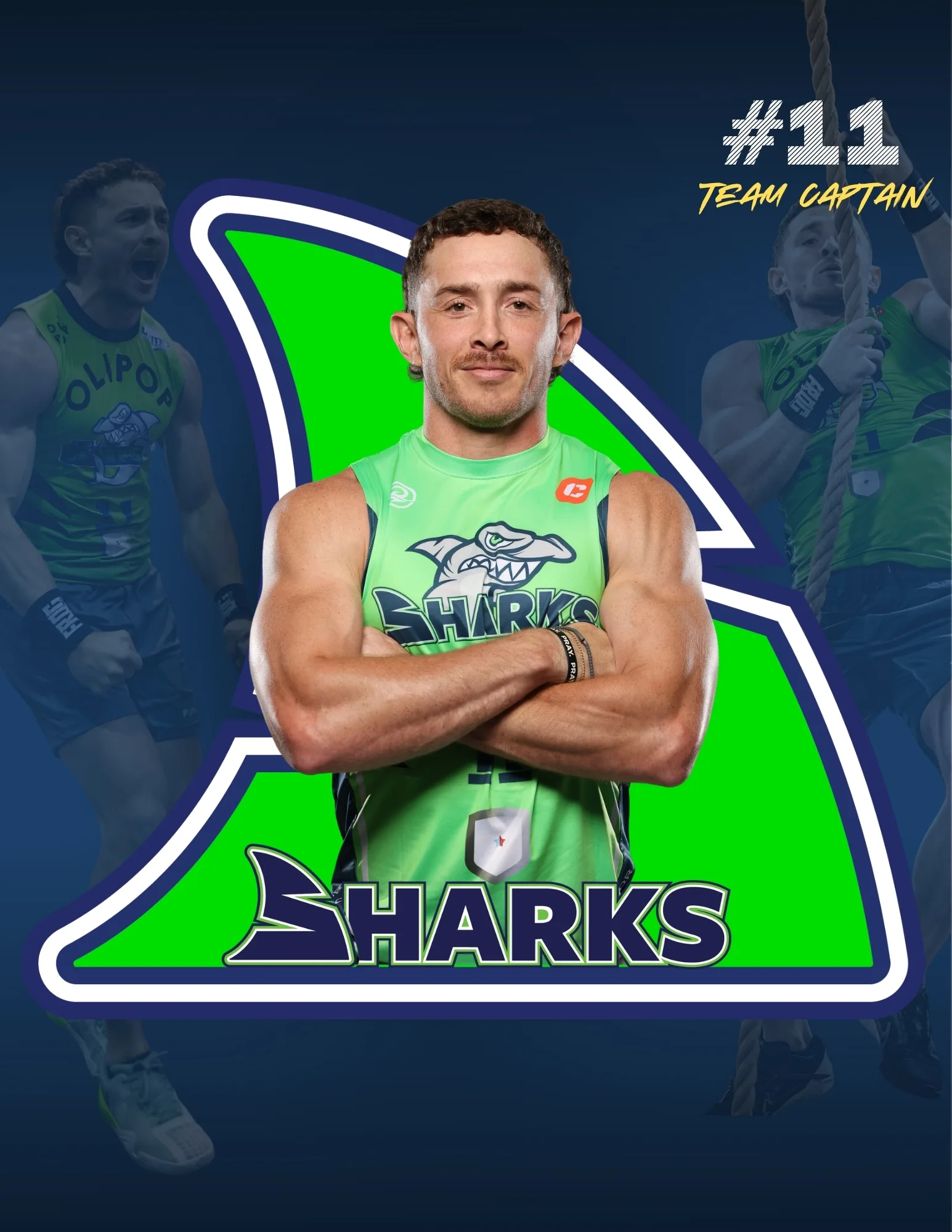 Sam Martin, number 11 and team captain, in a Sharks jersey with arms crossed